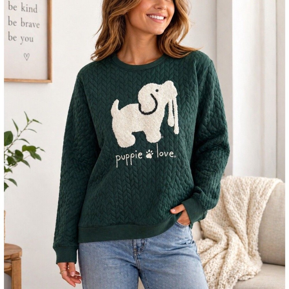 Puppie Love Women’s Chenille Embroidered Sweater Forest Green Size Large